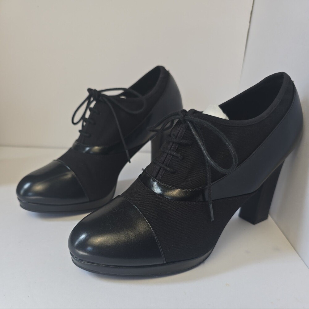 Impo Memory Foam Black Lace Up Side Zip Block Heel Oxford Shoe Size 10 M.